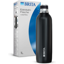 Пляшка BRITA з нержавіючої сталі 1 л чорна для газування води sodaTRIO — ізольована, подвійна стінка, преміум-якість, силіконове кільце для зручності, велика, чорна