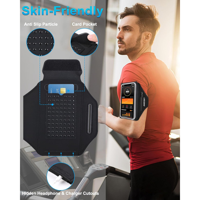 Чохол для телефону на руку для бігу з кишенею для навушників, на руку, для iPhone 17 16 15 14 13 12 11 Pro Max Galaxy S24 S23 Ultra, чорний