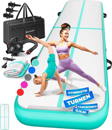 Надувна гімнастична мата KESSER® Airtrack: 2м/3м/4м/5м/6м. Мата для фітнесу, йоги, акробатики. В комплекті сумка та електронасос. Розмір: 300 x 100 x 10 см. Колір: м'ятно-зелений