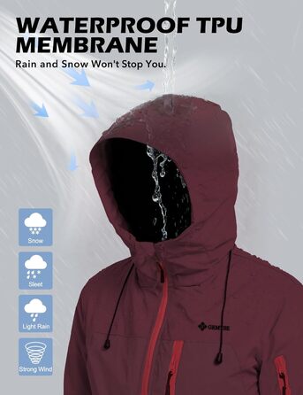 Жіноча лижна куртка GEMYSE з інтегрованими захисними ременями. Тепла водонепроникна вітронепроникна куртка-сніговик для активного відпочинку (XL, Темно-червоний)