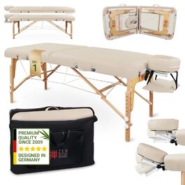 Масажний стіл Zen з круглими кутами, складний та регульований по висоті - професійний масажний стіл з цільного дерева з регульованою спинкою, підголівником, підлокітниками та кишенею (кремовий)