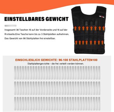 Регульована жилетка з вагою 20 кг (з 96-100 сталевими стержнями), з манжетами для зап'ясть та щиколоток, тренувальна жилетка для силових тренувань та кросфіту