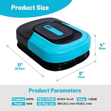 Електричний насос FunWater для SUP, надувних човнів, басейнів та наметів. 20 PSI, 12V DC, 6 насадок, блакитний