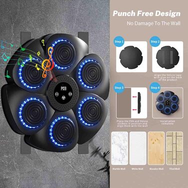 Музична боксерська машина Lifellery з LED, Bluetooth, 9 режимів швидкості, для дорослих та дітей, чорна