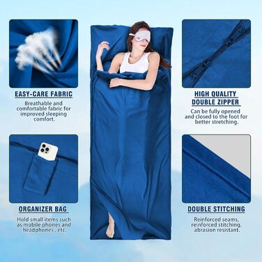 Спальний мішок туристичний бавовна, ультралегкий, з двосторонньою блискавкою, для кемпінгу та походів (синій)