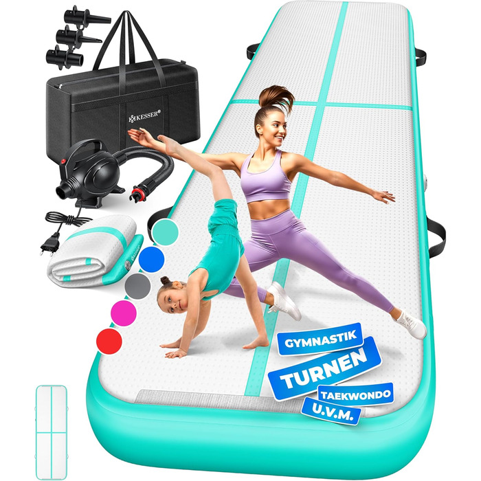 Надувна гімнастична мата KESSER® Airtrack: 2м/3м/4м/5м/6м. Мата для фітнесу, йоги, акробатики. В комплекті сумка та електронасос. Розмір: 300 x 100 x 10 см. Колір: м'ятно-зелений