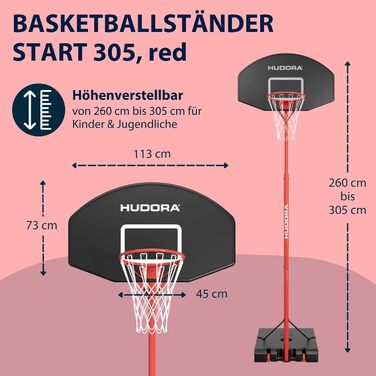 Баскетбольний стенд HUDORA Start: регульована висота, мобільний для дітей, підлітків та дорослих, вуличний з колесами 305 см