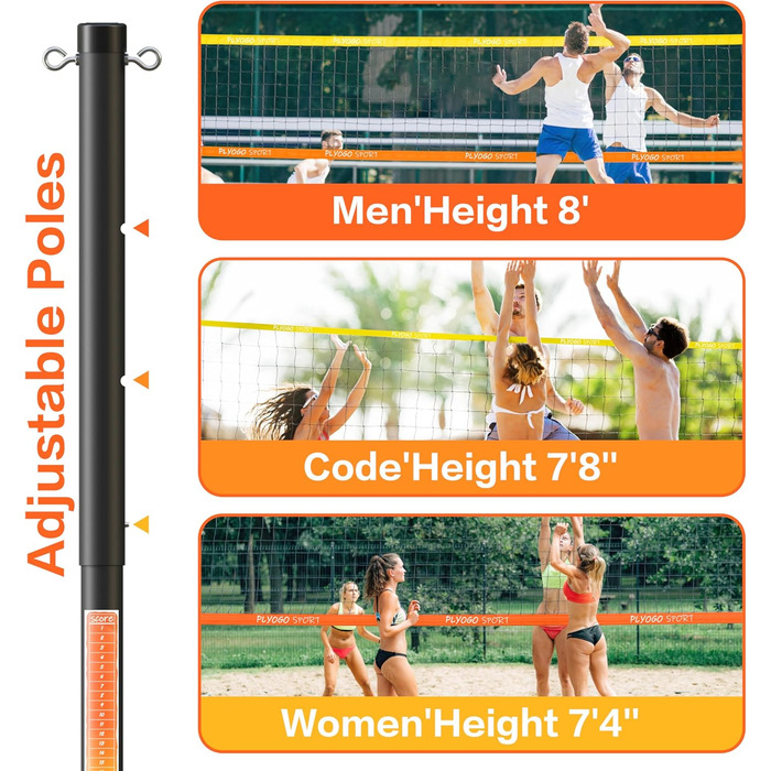 Волейбольна сітка PLYOGO для вулиці, професійний набір, регульовані алюмінієві стійки, анти-саг дизайн, подвійний регулятор натягу, для пляжу та газону