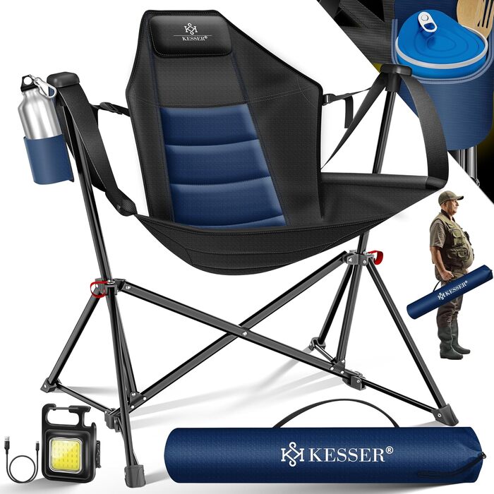 Крісло для кемпінгу KESSER® зі спинкою, 160 кг, з підсвіткою та тримачем для напоїв | Розкладне крісло-гойдалка для риболовлі, пляжу, відпочинку, хакі (темно-синій/чорний)