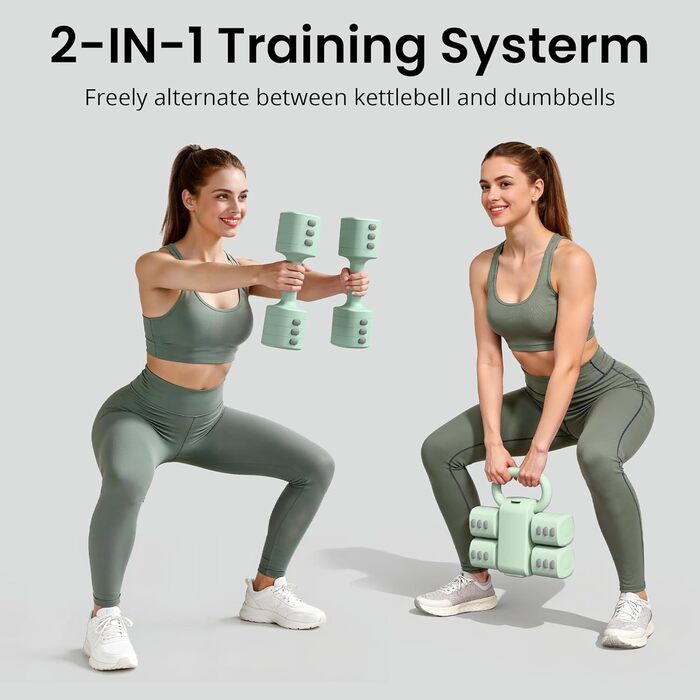 Набір гантелей 2-в-1: регульовані гантелі та м'ячики-гантелі, 4 ступені зміни ваги (1-2.5 кг), для жінок, домашні тренування, з антиковзаючим кріпленням. Зелений колір.
