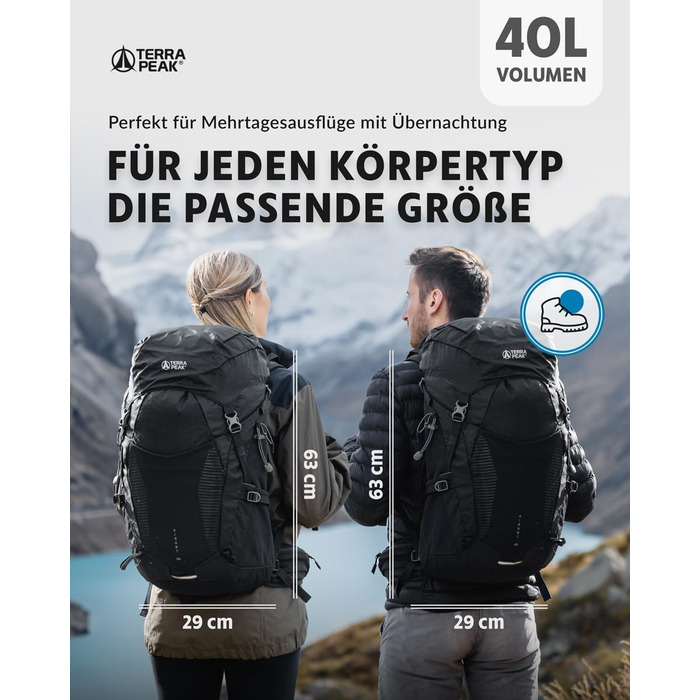 Рюкзак Terra Peak 40 л з вентильованою спинкою, тримачем для питної системи та дощовиком, туристичний рюкзак для походів і прогулянок, чорний
