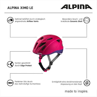 Дитячий велосипедний шолом Alpina XIMO L.E. з LED підсвіткою, легкий і міцний, рожево-фіолетовий, 47-51 см