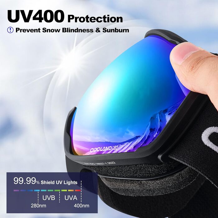 Окуляри для сноуборду та гірськолижного спорту Odoland, чорні, дзеркальні, VLT 14% - захист від сонця та запобігання запотіванню