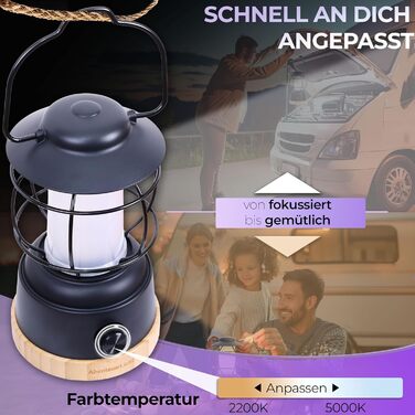 LED кемпінговий ліхтар Abenteuerlicht - вологостійка акумуляторна лампа для кемпінгу з тривалим часом роботи (200 годин), регульована яскравість, 2 колірні температури, 390 люмен, USB-зарядка