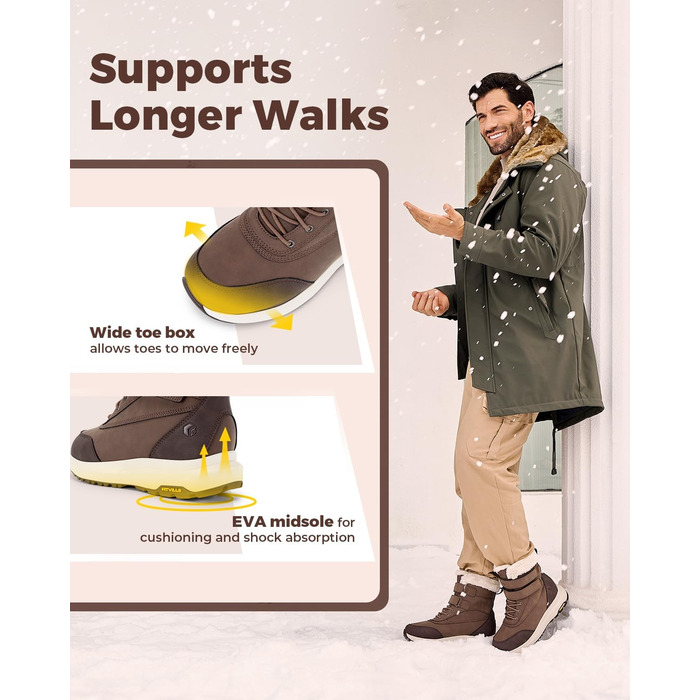 Черевики зимові чоловічі FitVille широкі, теплі, водонепроникні, з підкладкою, короткі, зимові, для вулиці, антиковзаючі (42 EU, коричневі)