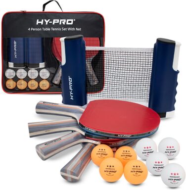Набір для настільного тенісу Hy-Pro – портативний, з висувною сіткою (до 170 см), 4 ракетки, 8 м'ячів, сумка, м'ячі 3 зірки, для дітей та дорослих, для гри в приміщенні та на вулиці