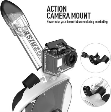 Маска для снорклінгу G2RISE® з трубкою, складна, CO2-безпечна, повна маска з кріпленням для камери, для дітей та дорослих (XS, чорно-біла)