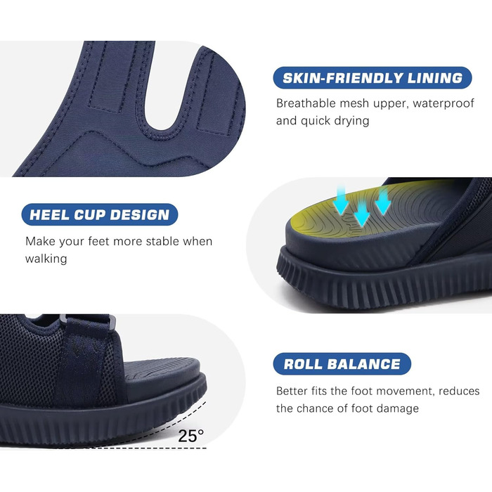 Чоловічі спортивні сандалії KuaiLu з м'якою устілкою, ортопедичні для фасціїту, Outdoor, Wander, легкі, відкриті пальці, регульована липучка, сланці (Морський, 45 EU)