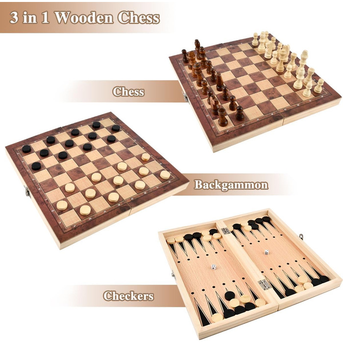 Шаховий набір дерев'яний 3 в 1, 29x29 см: шахи, шашки, шашки-кірпічі. Складаний, портативний, для подорожей, сім'ї, вечірок. Преміум якість.