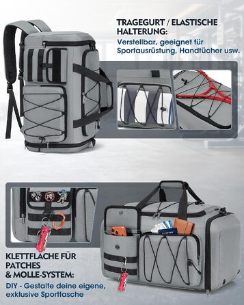 Спортивна сумка RAINSMORE 45L 3-в-1 для фітнесу та подорожей, водонепроникна дорожня сумка з відділенням для взуття та мокрих речей (Сіра)