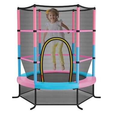 Батут GOPLUS Indoor з сіткою безпеки, дахом, металевим каркасом, стрибучою поверхнею, круглий, для саду, до 135 кг, рожевий, Ø165 x 165 см