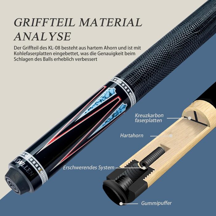KONLLEN Billardqueue з карбону, 58 дюймів, професійний більярдний кий для дорослих, технологія Vollcarbon, низький рівень відхилення, наконечник 12.5 мм (Pro Taper, ультрагладкий) (KL-08)