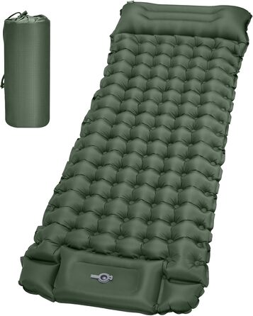 Каремат самонадувний туристичний Tuocal Isomatte, 9 см, Ultralight, з подушкою та насосом, Anti-Ripstop, для кемпінгу, подорожей, намету (Армійний зелений)