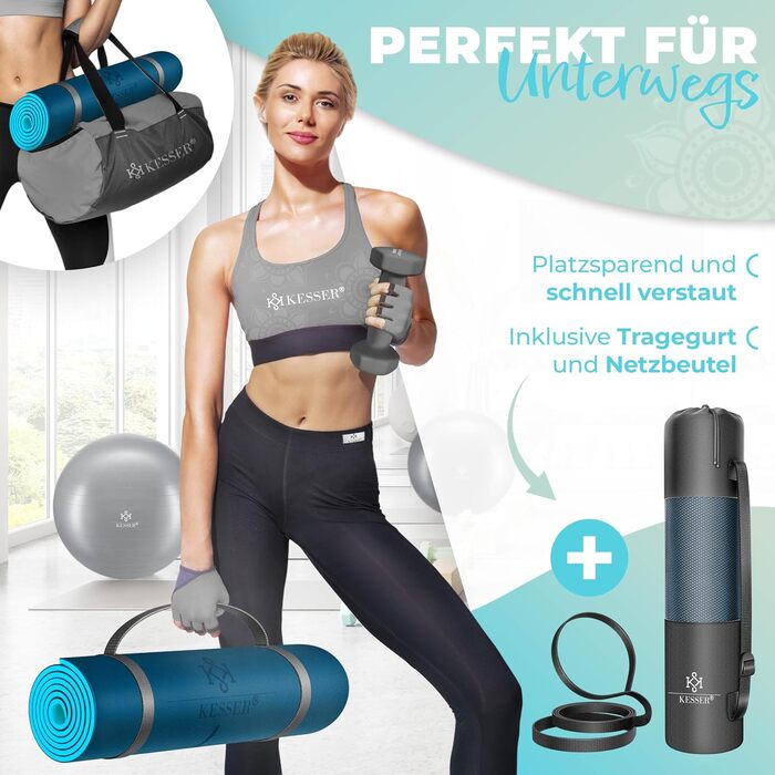 Килимок для гімнастики KESSER® з ручкою для перенесення, антиковзкий, TPE, з підкладкою, фітнес, спортивний, для фітнесу, пілатесу та гімнастики, 183 x 61 см, темно-синій / синій