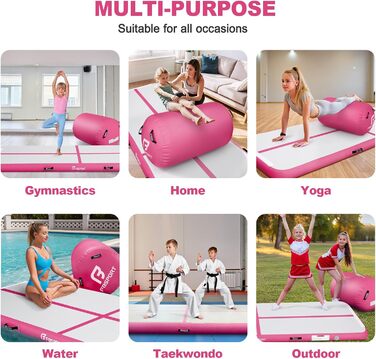 FBSPORT Килимок для гімнастики та йоги надувний, 400x100x10 см (рожевий) з ролею 100x60 см, 10 см товщини
