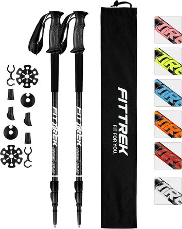 Тrekking Sticks FitTrek: Телескопічні палиці для ходьби та трекінгу, легкі, регульовані, з гумовими накладками та сумкою (алюміній 6061, чорний)