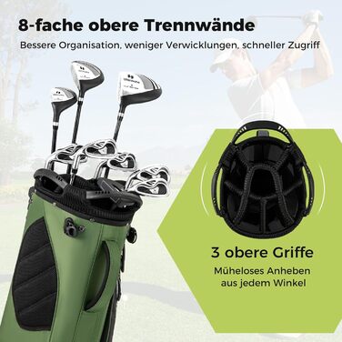 Сумка для гольфу COSTWAY Standtasche з підставкою, 8 відділень, водонепроникна накидка, легка, з 5 кишенями та підставкою для олівців, для чоловіків та жінок (Зелена)