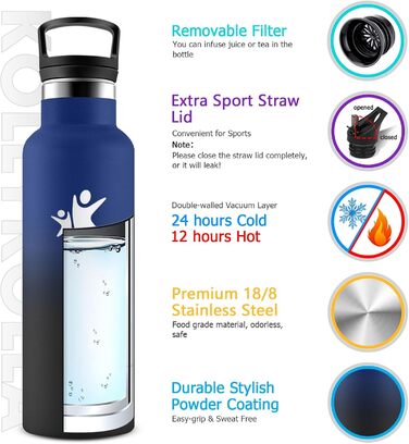 Термос-пляшка KollyKolla 750 мл, для води та газованих напоїв, з трубочкою, без BPA, з подвійними стінками, ізольована, для школи, подорожей, кемпінгу, блакитний + темно-синій