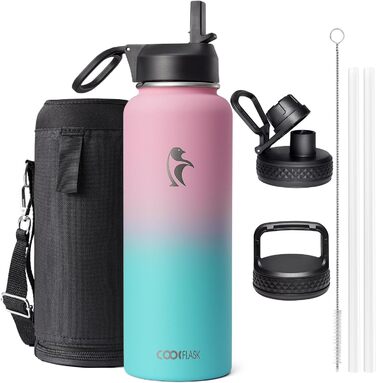 Термос-бутилка Coolflask 1180 мл з трубочкою, 3 кришки, металевий, вакуумний, для спорту та офісу, Bubble Gum