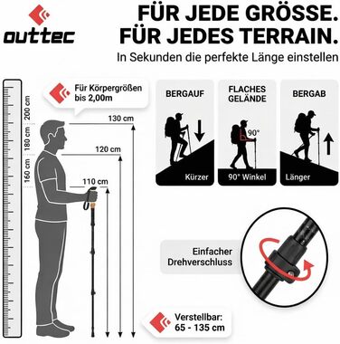 Телескопічні трекінгові палиці для скандинавської ходьби та гірських походів, ультралегкі палиці для Nordic Walking з гумовими наконечниками, регульовані (65-135 см), чорні