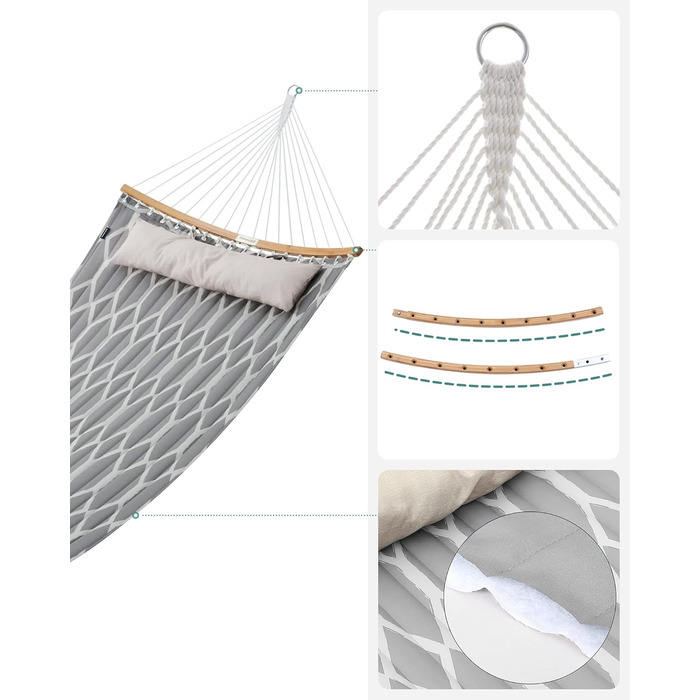 Гаммак SONGMICS з подушкою, стежка, з бамбуковими стійками, з підголівником, 200 x 140 см, до 225 кг, сіро-бежевий ромбовидний GDC034G02