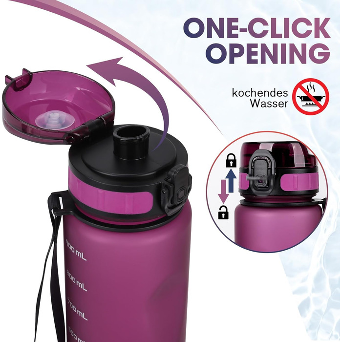 Спортивна пляшка для води 1л, витокозахисна, без BPA, з мірною шкалою, для активного відпочинку, школи, кемпінгу, смарагдово-зелений (фіолетово-червоний)