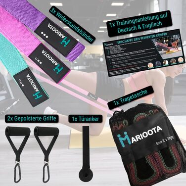 Набір з 3 еластичних стрічок для фітнесу - для м'язів, йоги, пілатесу - сині, рожеві, фіолетові - з сумкою