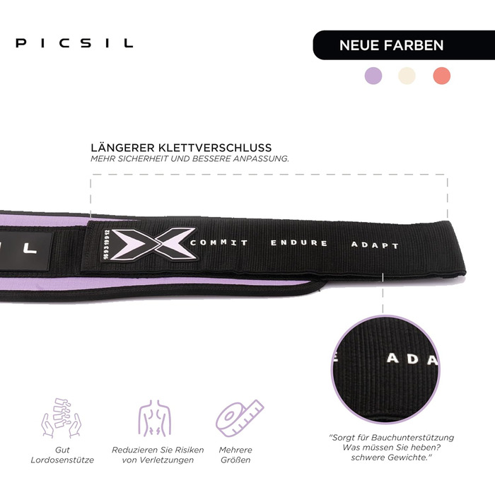 Picsil – Пояс для пауерліфтингу та кросфіту XL Amethyst, регульований, для присідань, станова тяга, випади, з місцем для нашивок, 6 кольорів, 4 розміри