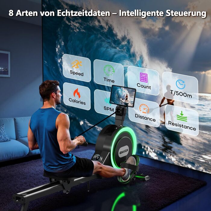 Гребний тренажер DMASUN для дому, [Нова модель 2026] з магнітною системою, покращені рейки подвійного ходу, тиха робота, 16/32 рівні опору, LCD-дисплей, до 160 кг, чорний