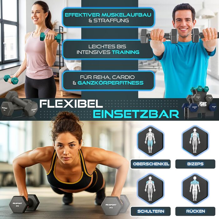 Набір гантелей RE:SPORT® 3 пари (1-5 кг, 12 кг або 18 кг) зі стійкою + 3 фітнес-гумки | Нековзкі гантелі з неопрену для жінок та чоловіків | Набір гантелей 12 кг, блакитний/сірий/темно-синій