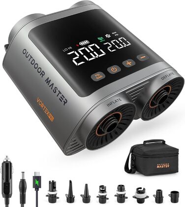 OutdoorMaster Vortex Pro: Електрична SUP-насос з акумулятором 57.7Wh, 12V/15.8V DC, Typ-C, 8 насадок для SUP та інших надувних виробів