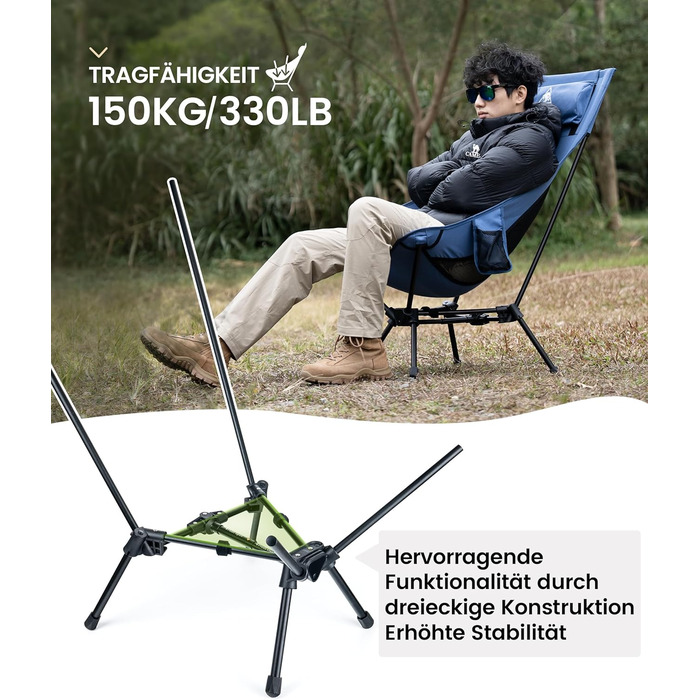 OneTigris TIGERBLADE - Крісло для кемпінгу з високою спинкою, 170 кг, складне, легке, з трикутним каркасом, для риболовлі, з 2 кишенями, для відпочинку на природі, для піших прогулянок (Блакитне)