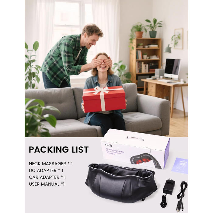 Масажер для шиї RIKE Shiatsu з підігрівом - 3D масажер для шиї, плечей та спини, з адаптерами для мережі та авто, глибока масажна дія, подарунок на Різдво