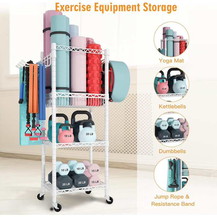 Органайзер для домашнього спортзалу FUTASSI S1, 3 яруси, на колесах, для килимків для йоги, ролерів, гантелей, гир та еластичних стрічок, 120 x 70 x 30 см, білий