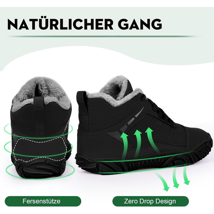 Босижні зимові черевики Ruyi: теплий підкладка, водонепроникність, підошва з протектором, широка передня частина (W09, чорний, 36 EU)