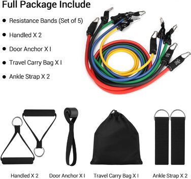 Набір еластичних стрічок для фітнесу, йоги та реабілітації: 5 стрічок, ручки, петлі для ніг та дверний анкер