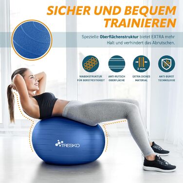 Гімнастичний м'яч TRESKO, 65 см, BPA-free, з насосом, для фітнесу, йоги, вагітних, пілатесу, 300 кг, антивибуховий