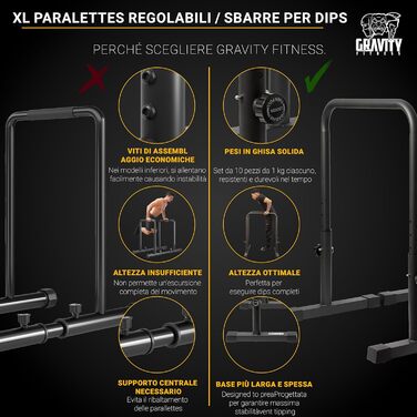 Паралети Gravity Fitness XL, регульовані бруси для калістеніки та домашнього спортзалу, 38 мм ручки для віджимань, L-сіту, підтягувань, міцні турнік-бруси для силових тренувань