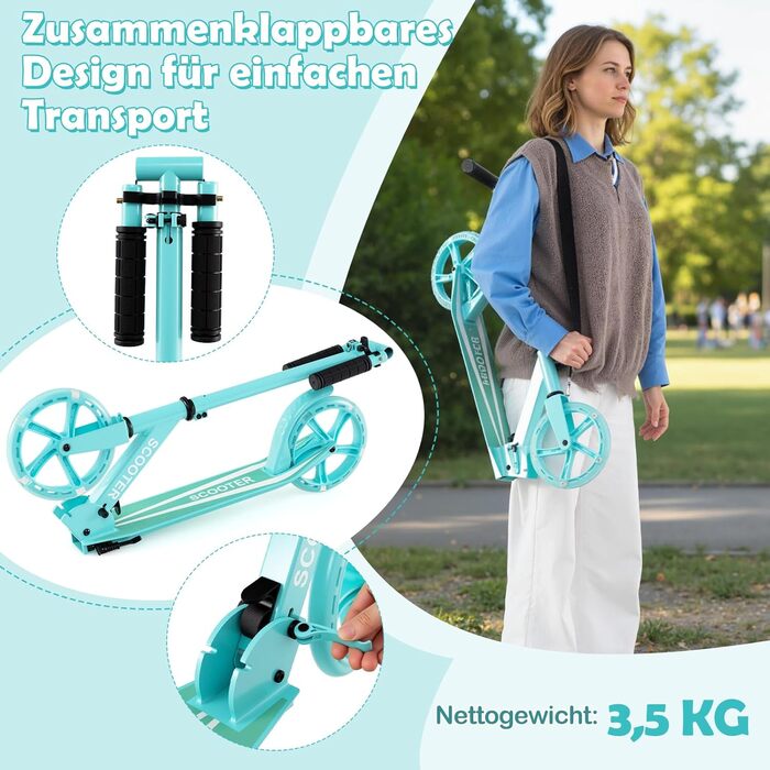 Дитячий трюковий самокат GOPLUS Roller Kinder 10 років, 3-ступенева регулювання висоти, легкий алюмінієвий, складаний, з LED-колесами, гальмом на задньому колесі, ременем та підставкою, до 100 кг, зелений