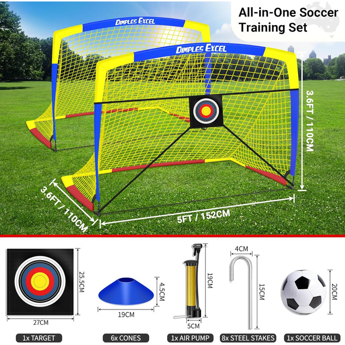 Ворота для футболу Dimples Excel Pop-Up – розкладні для дітей | Набір 1 або 2 шт. | Розміри 120x90 / 152x110 / 213x152 см | 3 кольори | З м'ячем, насосом, конусами та мішенню | Для саду та подарунка